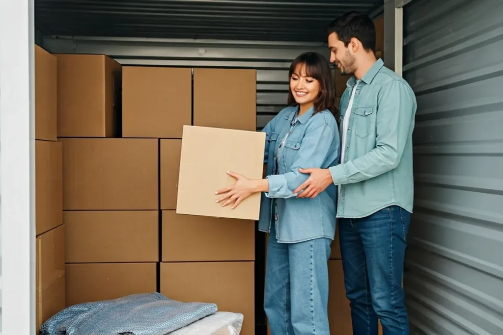 couple placing box in short term storage unit