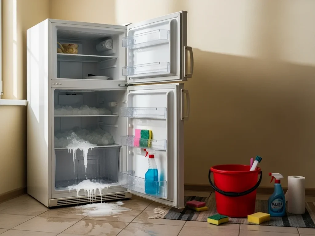 defrosting refrigerator with melting ice