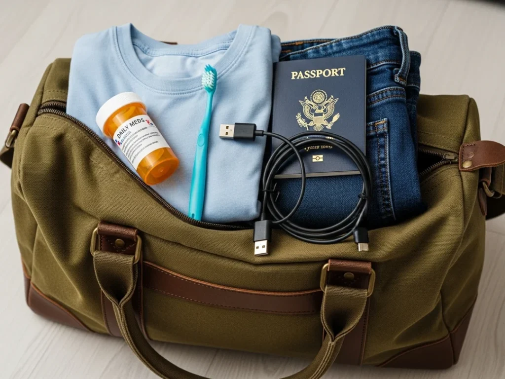 duffel bag with travel essentials spilling out