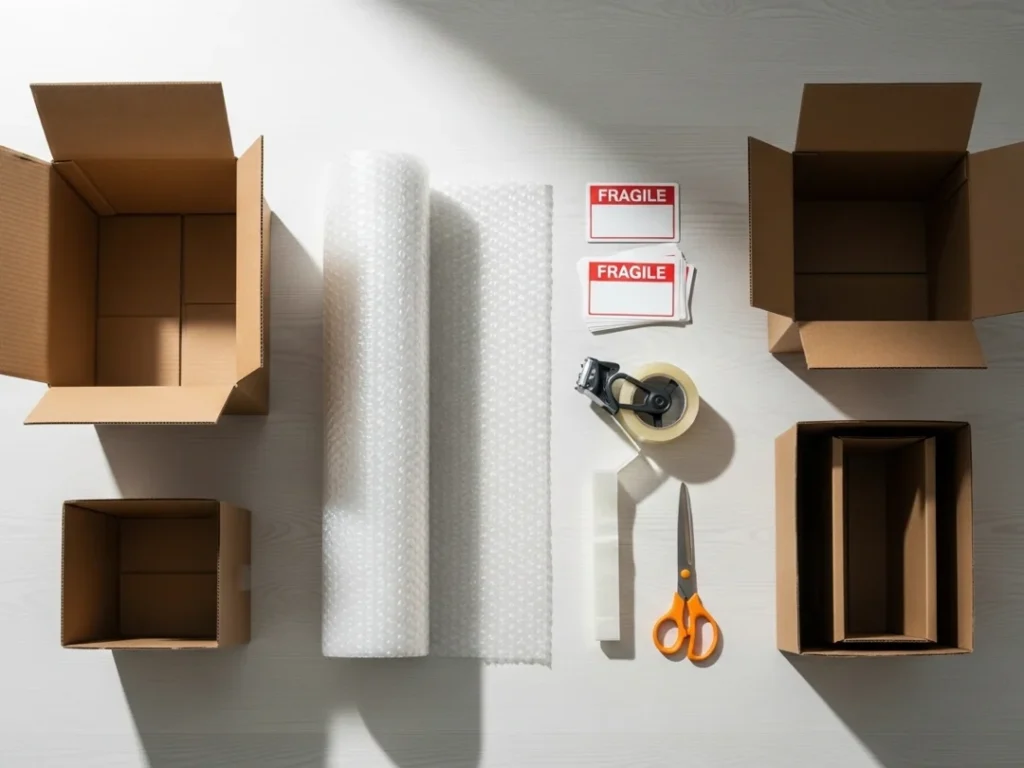 essential packing supplies flat lay