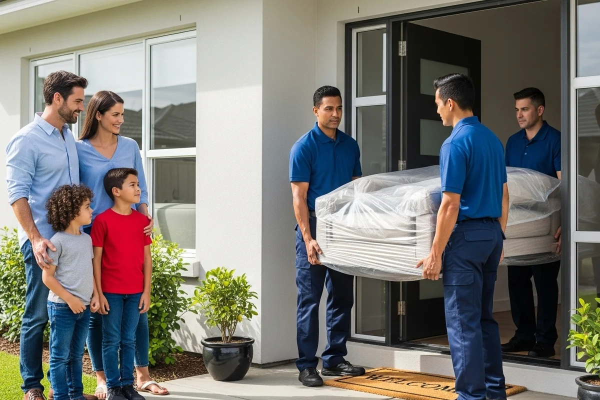 family watching movers carry furniture into new home