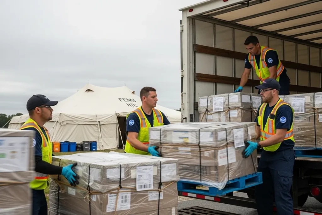 fema emergency move crew unloading relief supplies