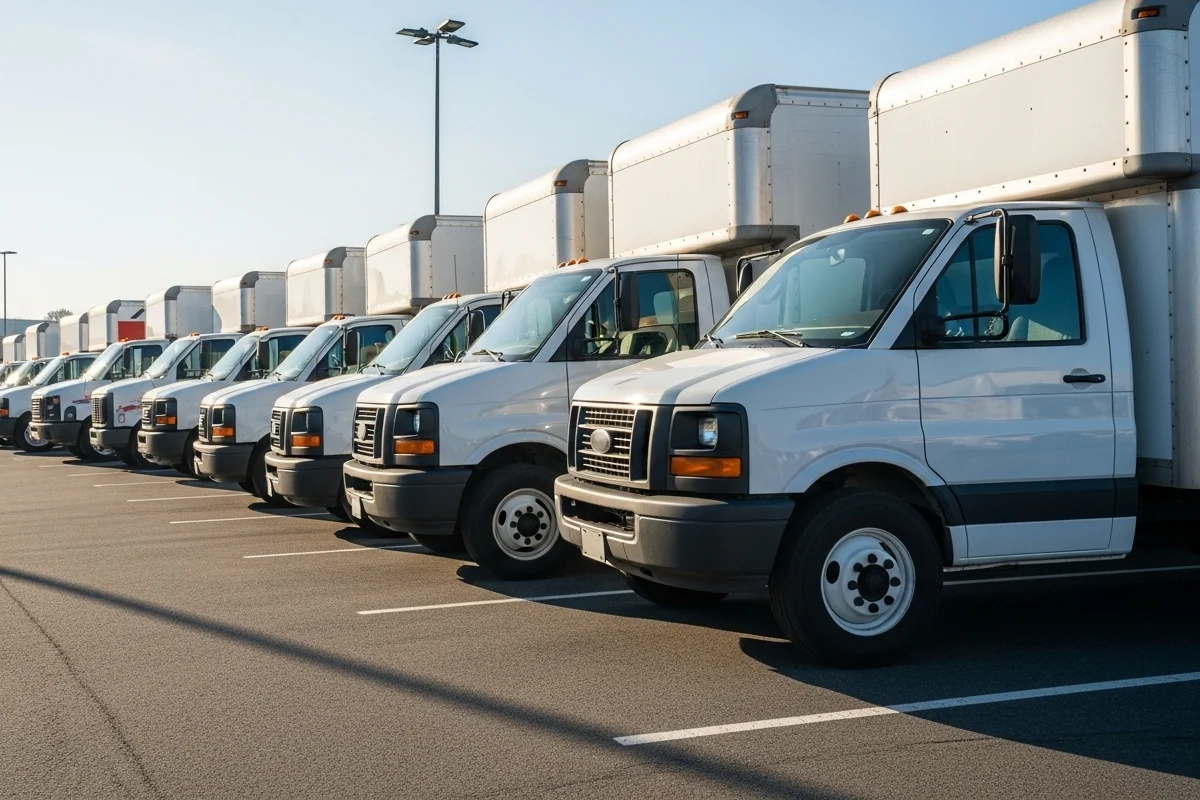 fleet of white moving trucks parked in line