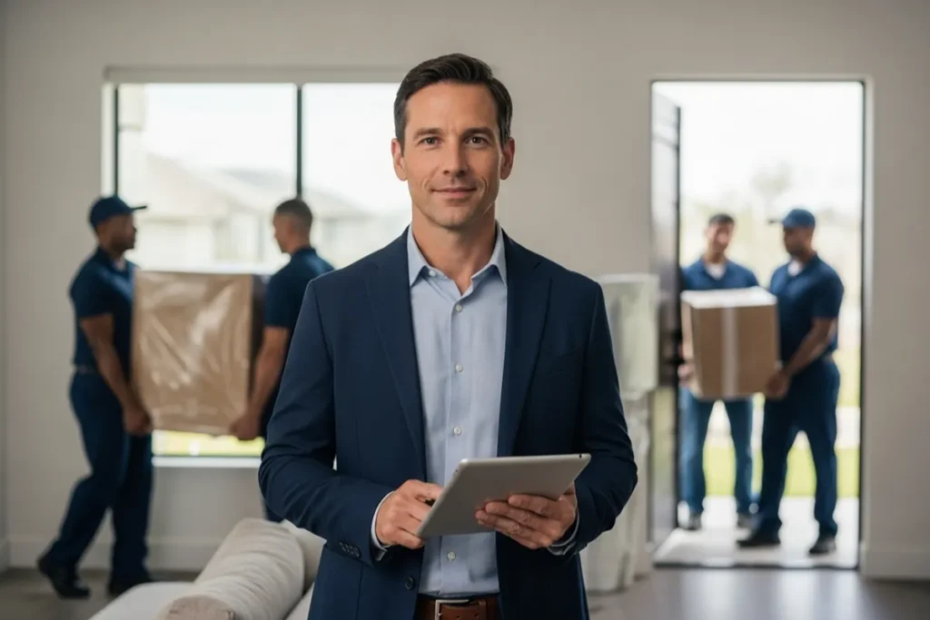 intro male move manager with tablet overseeing movers
