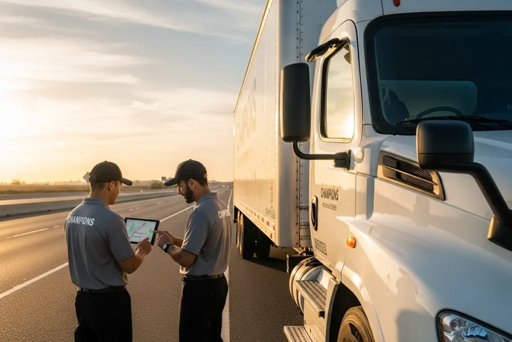 long distance moving truck with route planning at sunset