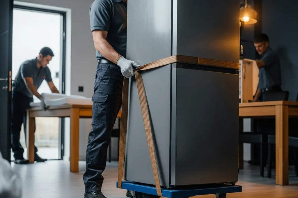 mover lifting refrigerator onto dolly with safety straps