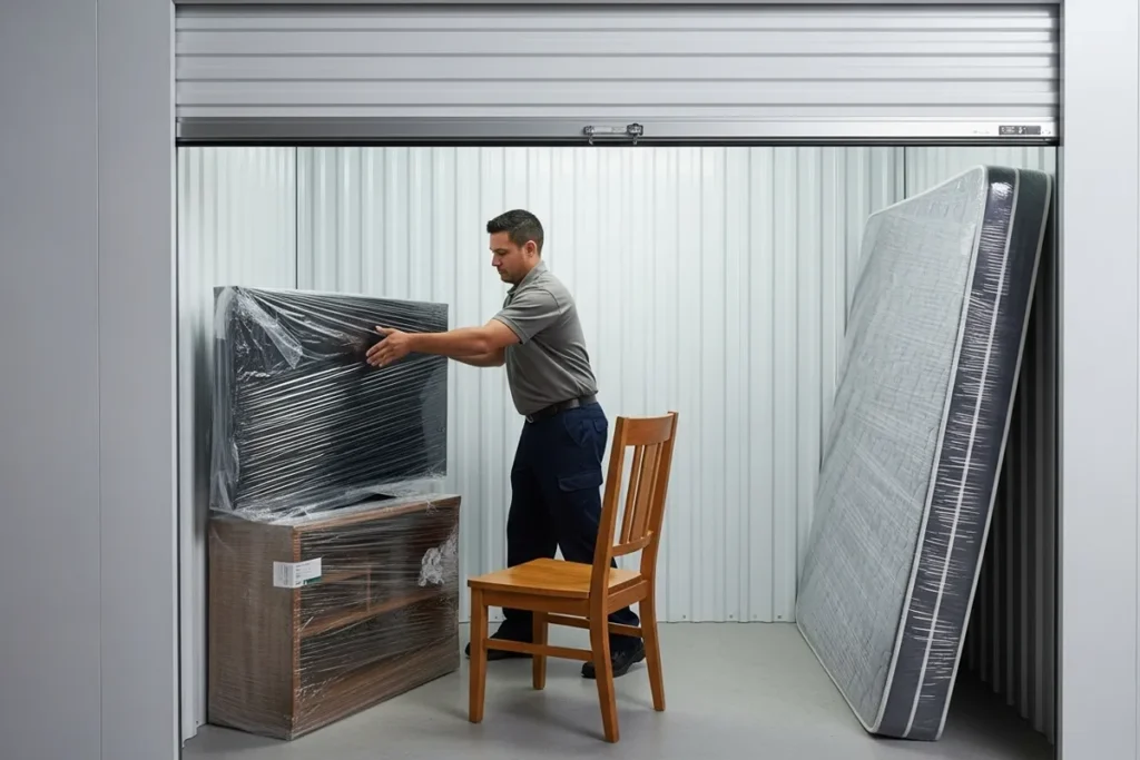 mover packing furniture in rollup storage unit