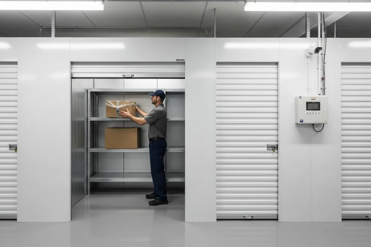 mover placing box on shelf in climate controlled storage unit