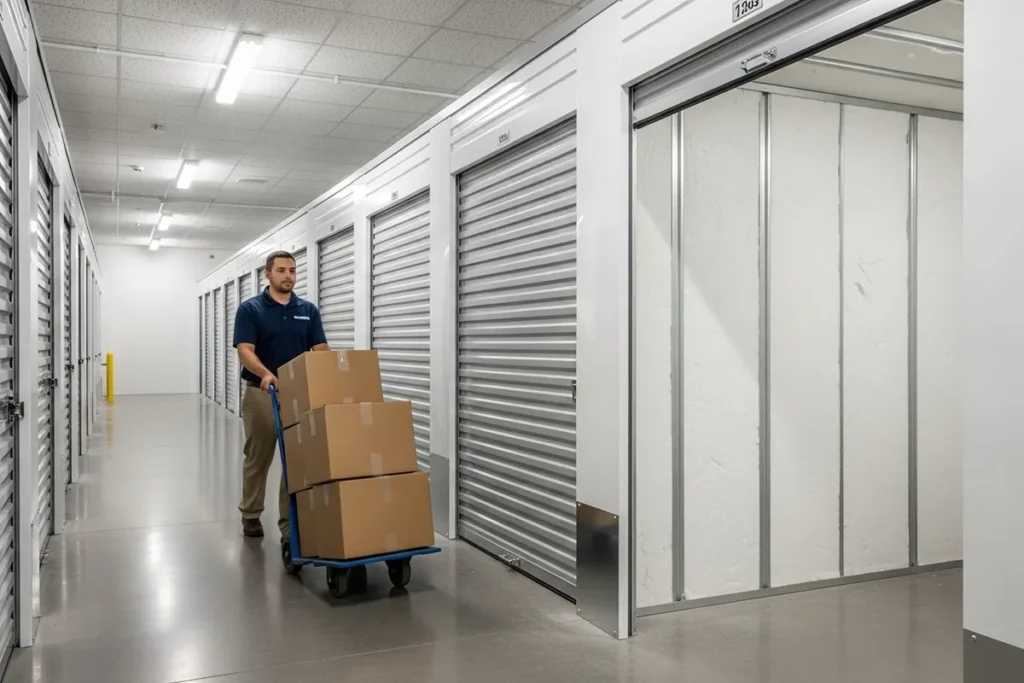 mover transporting boxes into rollup storage unit
