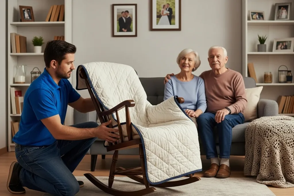 mover wrapping antique rocking chair for senior relocation