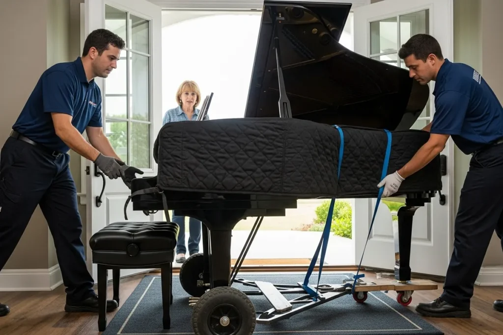 movers guiding baby grand piano through residential doorway