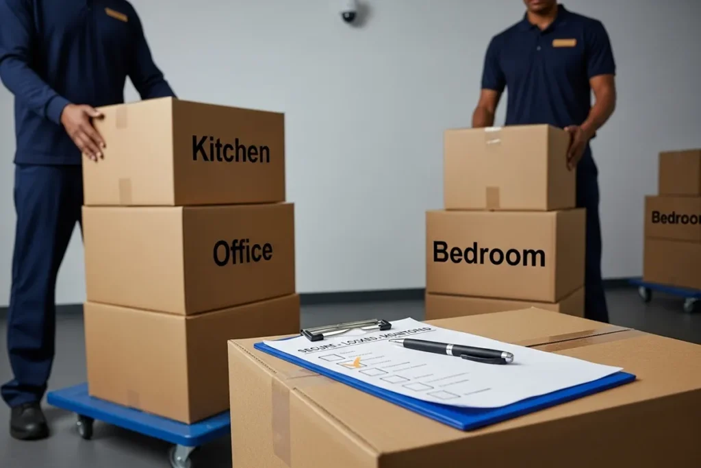 movers preparing labeled boxes for overnight storage