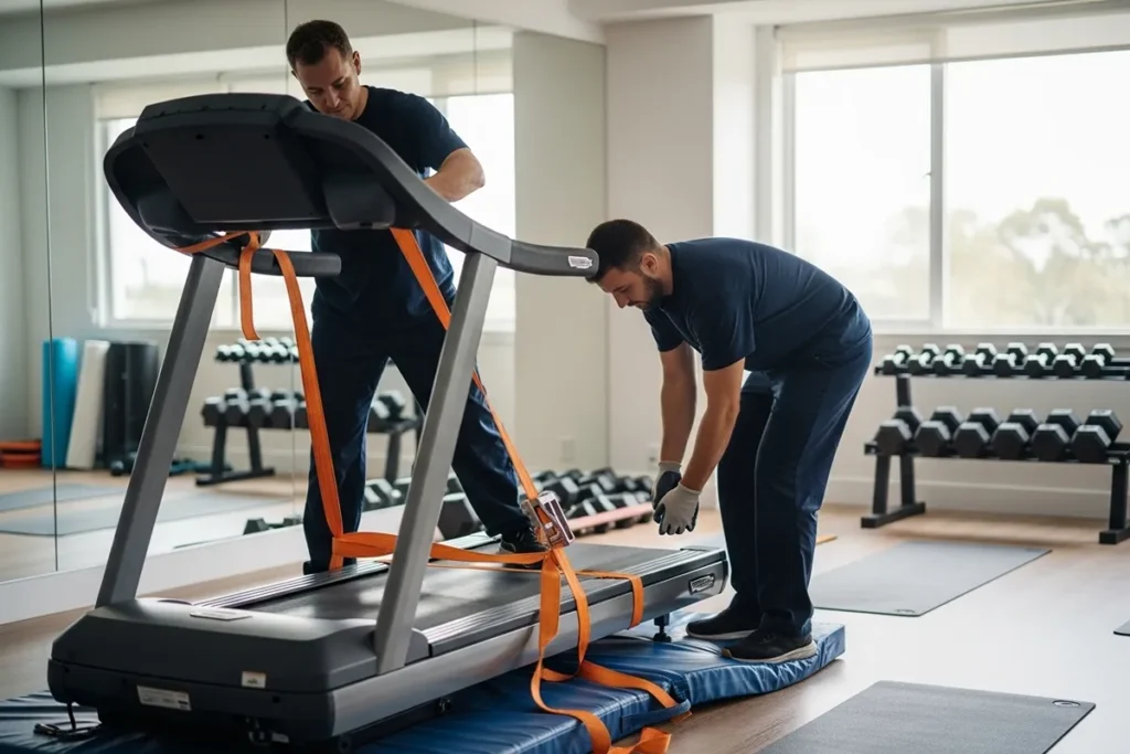 movers securing heavy treadmill in home gym