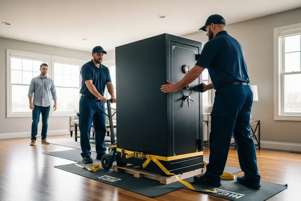 movers transporting large gun safe in living room