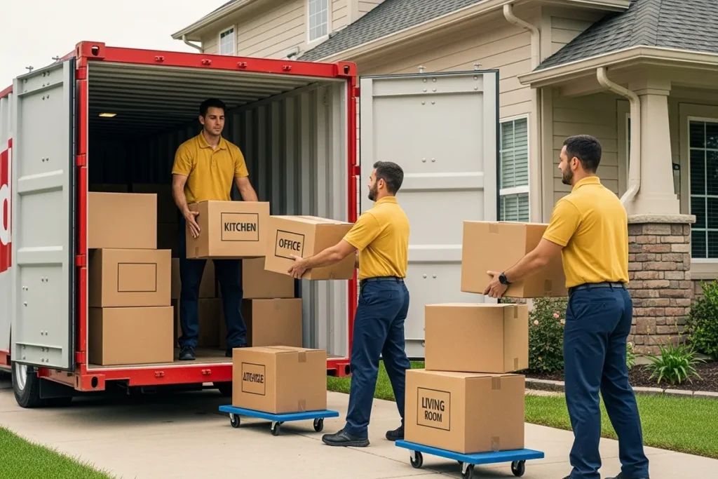 movers unloading pod container with labeled boxes