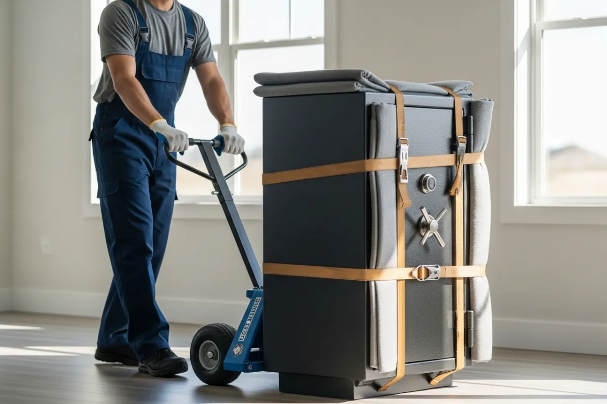 professional mover using dolly to transport heavy safe