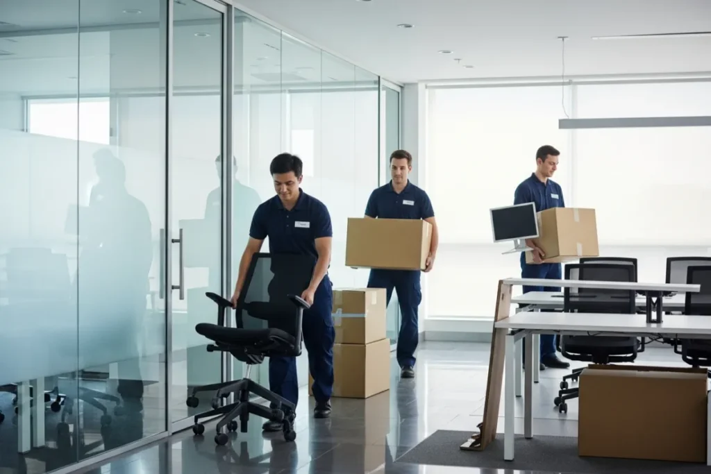 professional movers working inside modern office