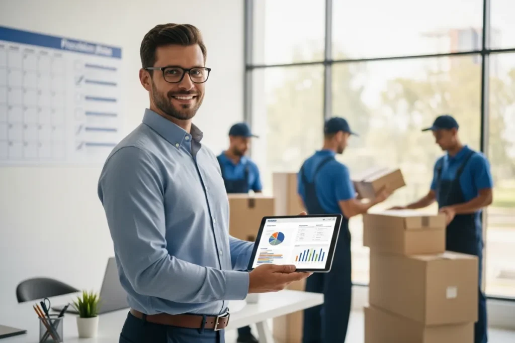 project manager overseeing moving team with digital tablet