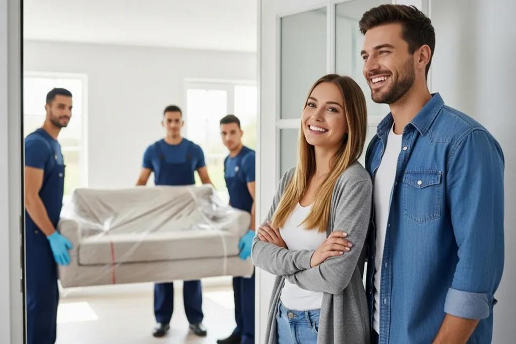 relieved couple watches movers carry sofa into new home