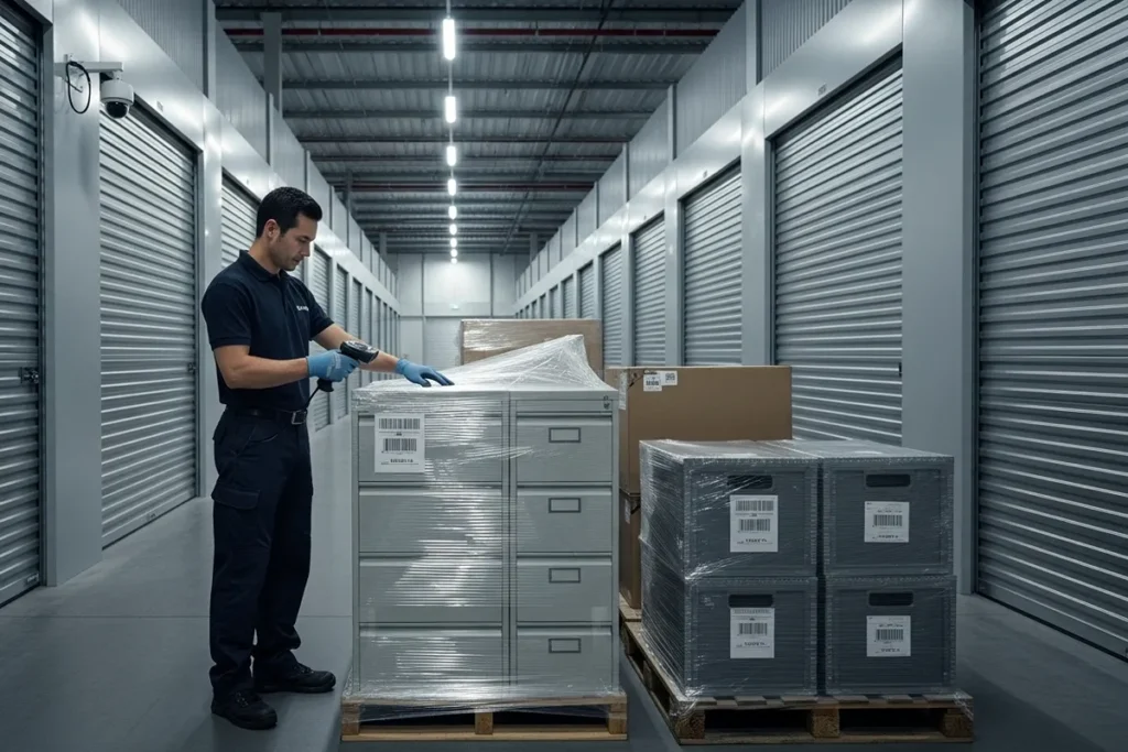 secure storage facility worker scanning palletized files