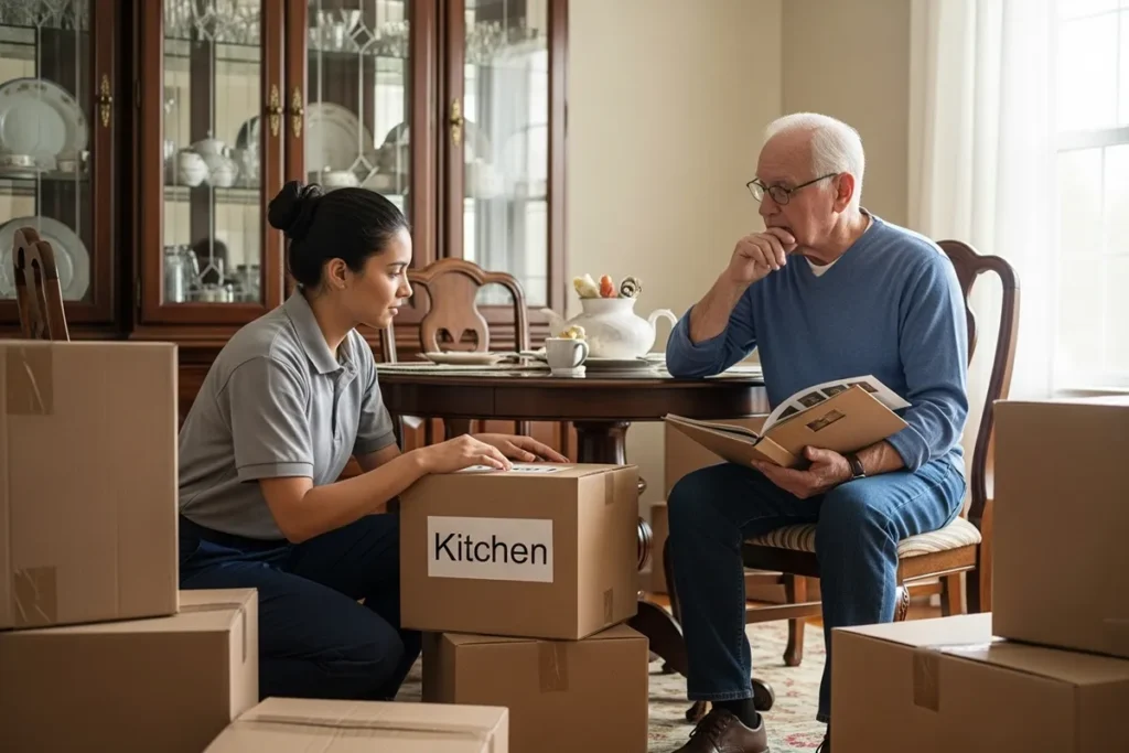 senior moving support mover helping elderly man pack